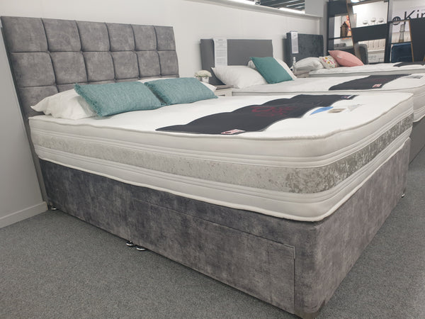Divan Bed Set - Bamboo 1500 Mattress with Cube Headboard in Marble Platinum
