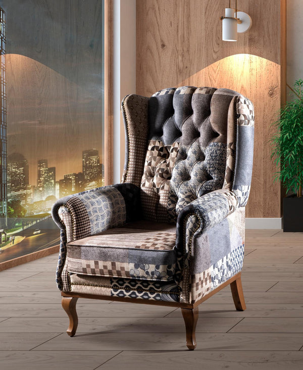 The Berkdale Patchwork Multi Grey Wingback Chair