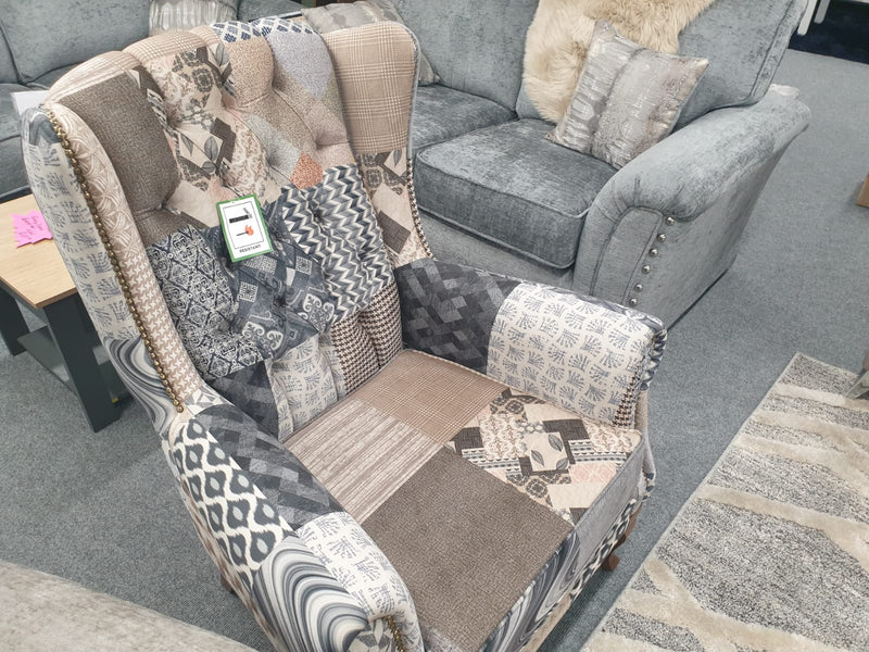 The Berkdale Patchwork Multi Grey Wingback Chair