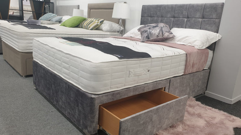 Divan Bed Set - Vermont 1000 Mattress with Cube Headboard in Marble Platinum