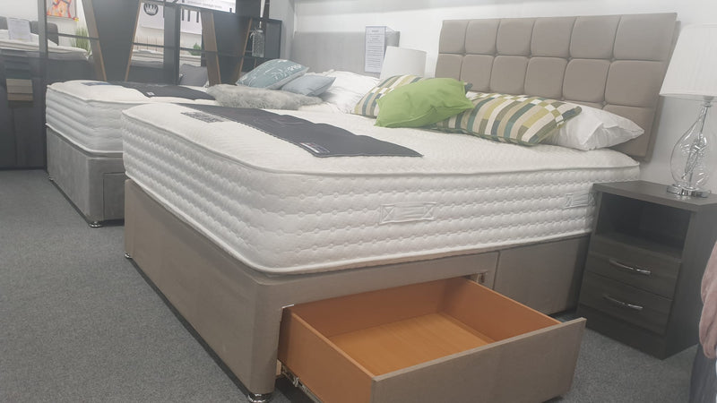 Divan Bed Set - Vermont 1000 Mattress with Cube Headboard in Sierra Mink