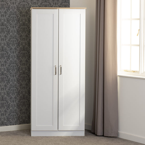 Portland White/Grey/Oak Effect 2 Door Wardrobe