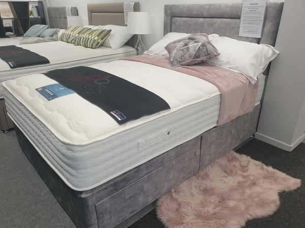 Divan Bed Set & Richmond 1000 Mattress with Cube Headboard in Marble Platinum.