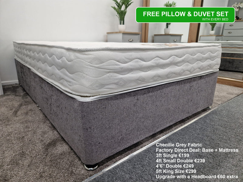 Divan Bed Set - Mattress & Base in Chenille Grey