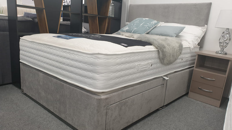 Divan Bed Set & Richmond 1000 Mattress with Cube Headboard in Comet Silver