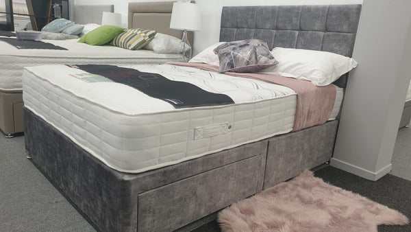 Divan Bed Set - Vermont 1000 Mattress with Cube Headboard in Marble Platinum