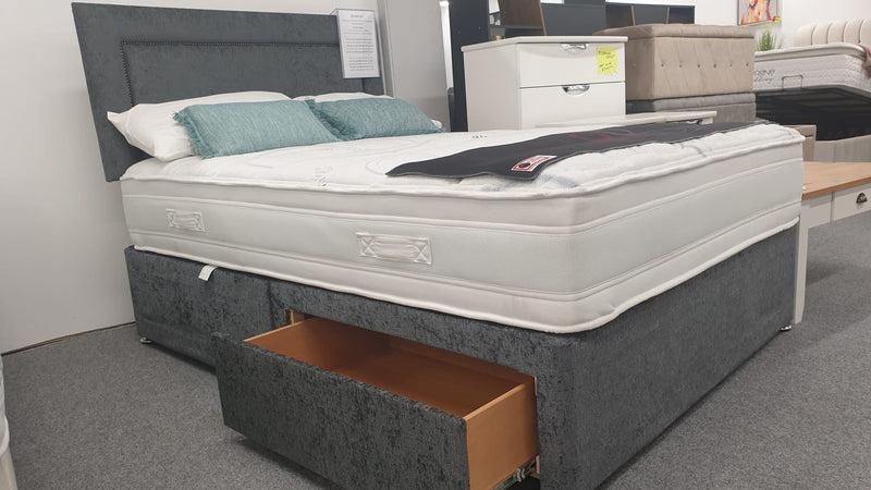 Divan Bed Set & Richmond 1000 Mattress with Cube Headboard in Carlton Charcoal.