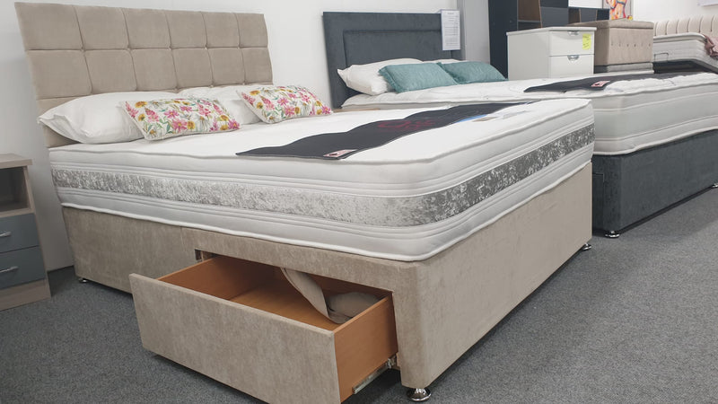 Divan Bed Set - Bamboo 1500 Mattress with Cube Headboard in Comet Stone