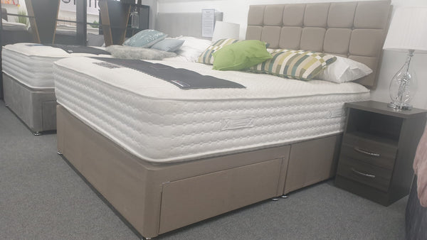 Divan Bed Set - Bamboo 1500 Mattress with Cube Headboard in Sierra Mink