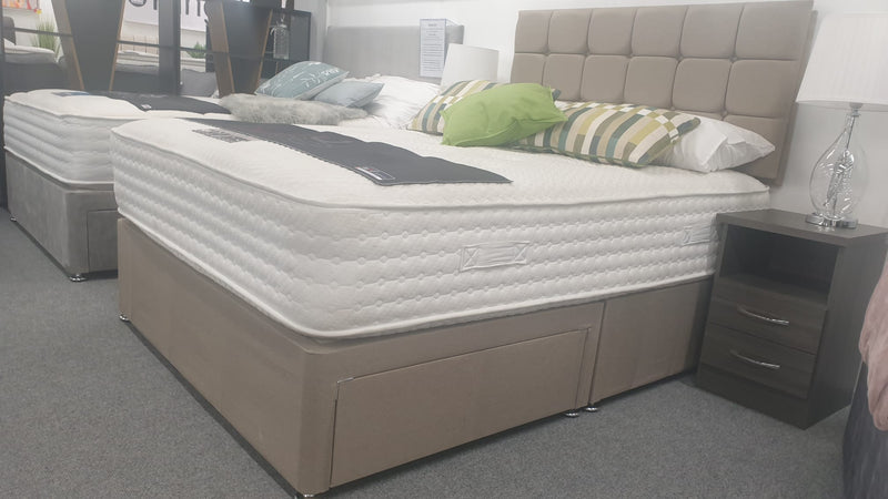 Divan Bed Set & Richmond 1000 Mattress with Cube Headboard in Comet Stone
