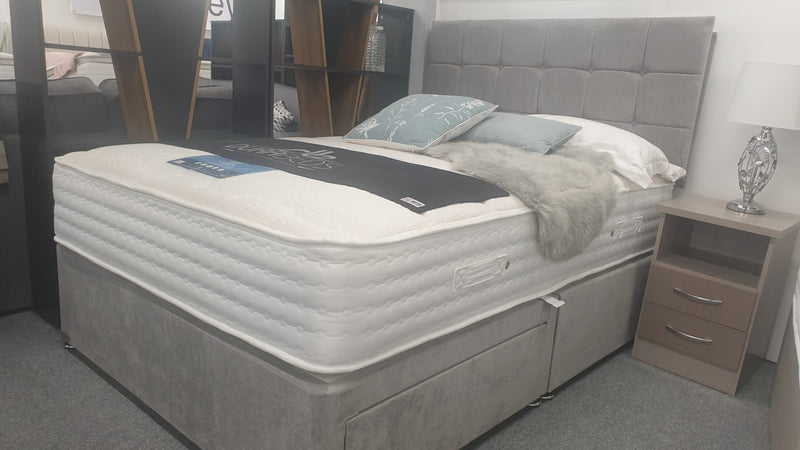 Divan Bed Set - Vermont 1000 Mattress with Cube Headboard in Comet Silver