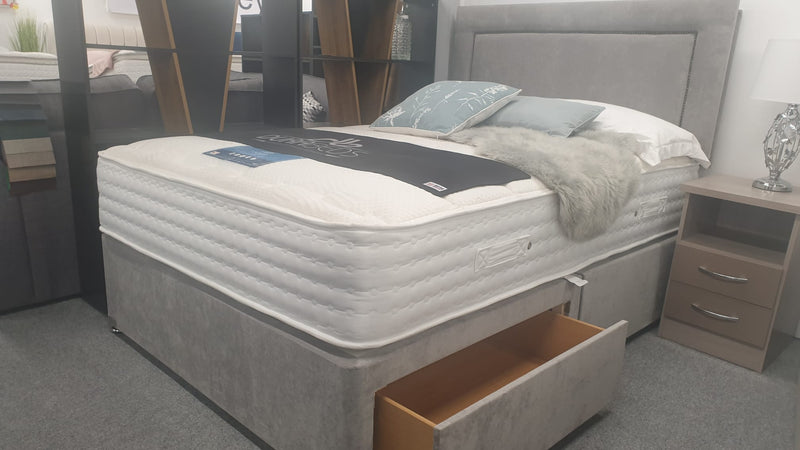 Divan Bed Set - Vermont 1000 Mattress with Madrid Headboard in Comet Silver